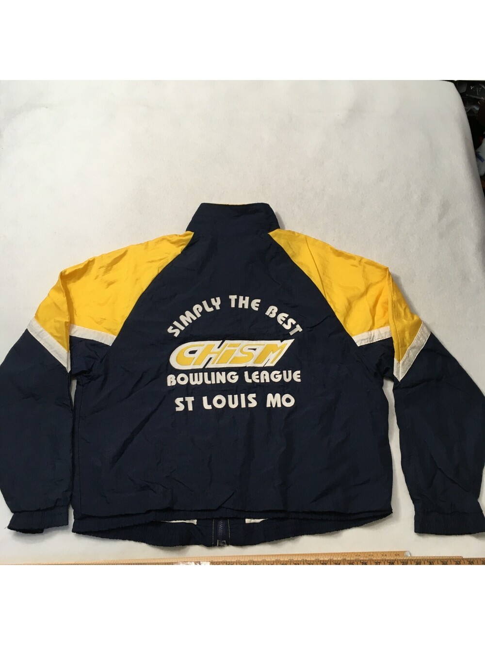 Vintage 90s Bowling high neck Champ Satin Bomber Jacket XL blue yellow